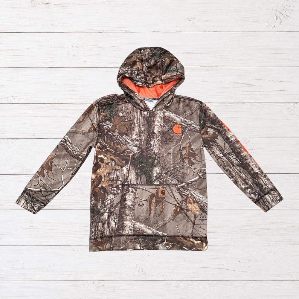 Carhartt Realtree Camo Hoodie Boys L 14-16 Orange Logo Hunting Pullover 13706